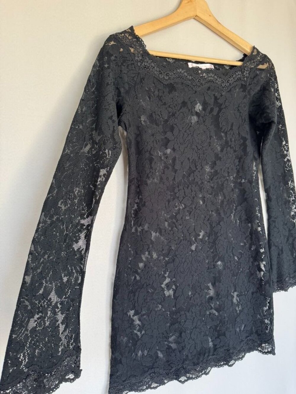 90s Vintage Victoria's Secret Lace Off Shoulder Bell Sleeve Mini Dress Large - Picture 4 of 10
